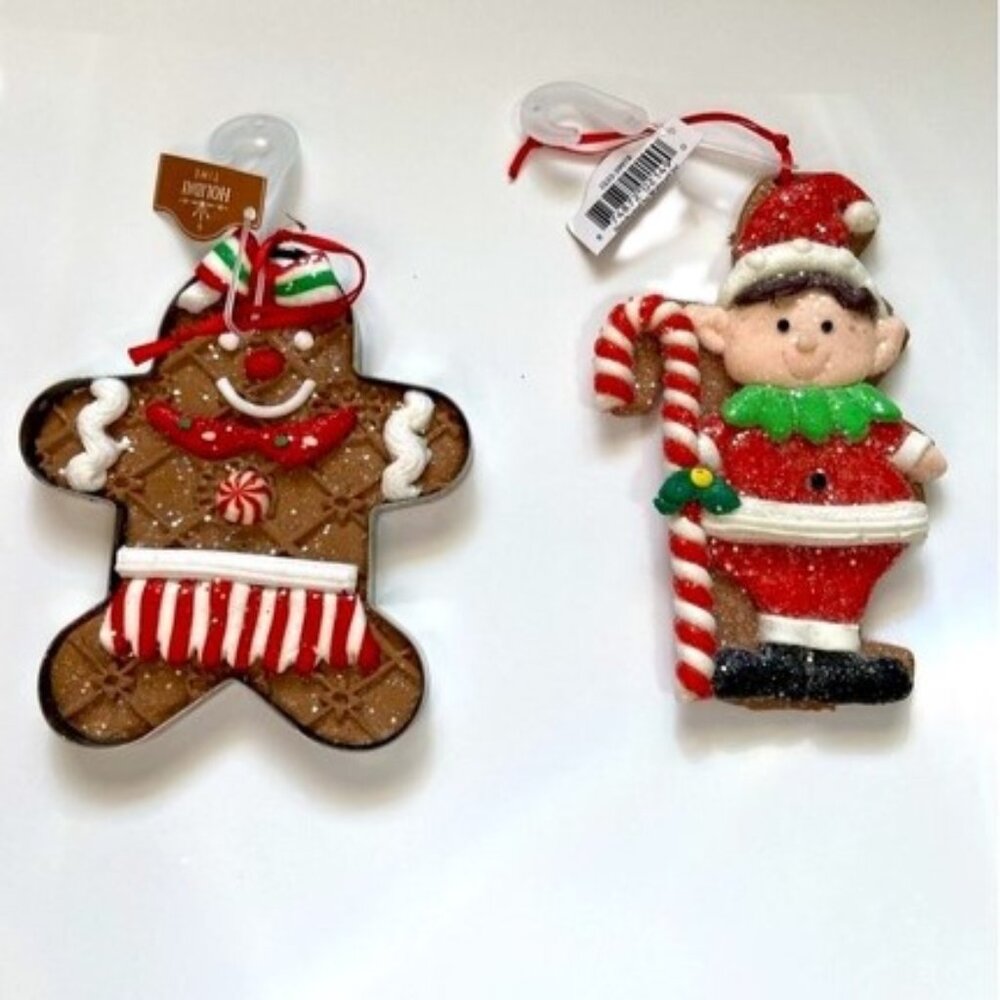 Gingerbread Cookie and Elf Candy Cane Ornaments Christmas Decor NEW Set of 2